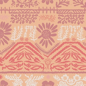 Mexican folklore-inspired pink, peach fuzz and beige woven floral pattern