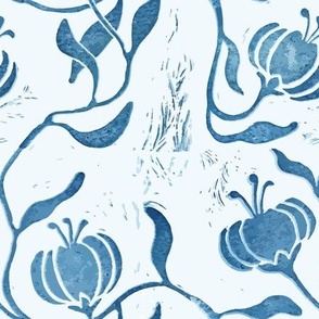 Block Printed Art Deco Blue Floral - LARGE