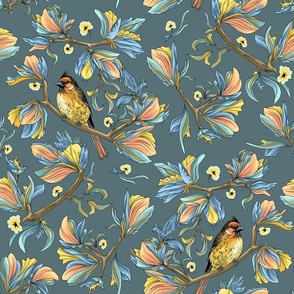 Flower birds | Stormy blue grey peach and golden yellow (Large scale)