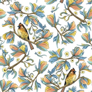Flower birds | Peach pink golden yellow and teal blue (Large scale)