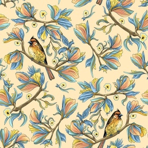 Flower birds | Lemon yellow light blue and peach pink (Large scale)