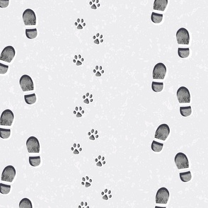 Medium - Block Print Foot Prints & Paw Prints on a Snow Covered Winter Day – Cool Ice Silver & Frosty White Texture