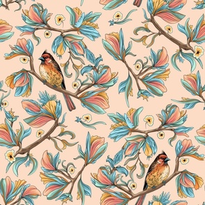 Flower birds | Peach pink and teal blue (Large scale)
