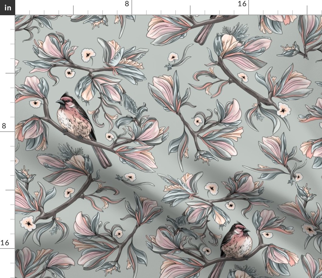 Flower birds | Pastel pink and blue grey (Large scale)