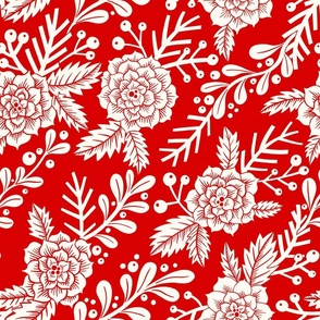 Poinsettia block print in a minimalist style with winter greenery in red and white