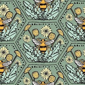 (L) Bees ‘n Dandelions Gardening Block Print Inspired