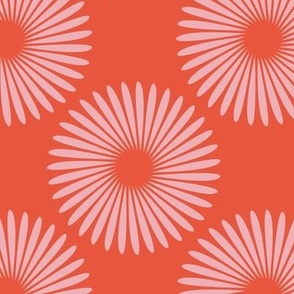 Pink retro flowers with red background, bright floral wallpaper design