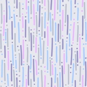 Cold pastel purple, lilac and baby blue vertical lines, dashes and dots on off white, abstract geometric