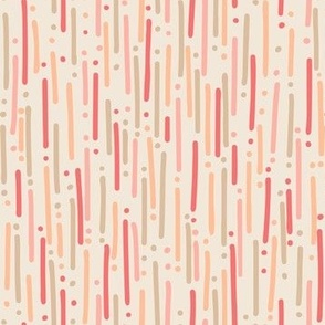 Warm peach, neutral tan  and red vertical dashes and dots on cream white