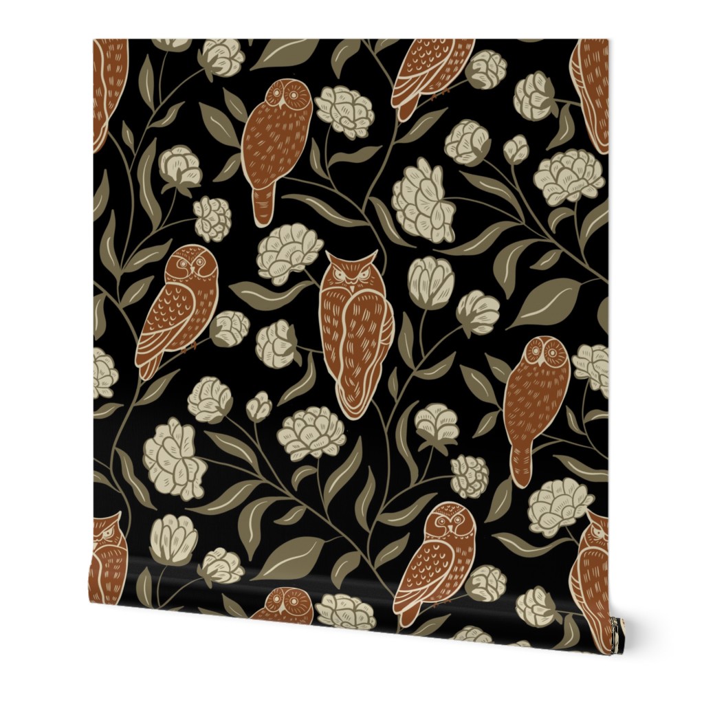 Night owls and flowers in brown, green  and beige