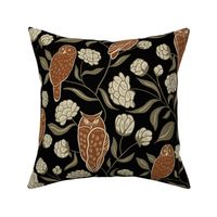 Night owls and flowers in brown, green  and beige