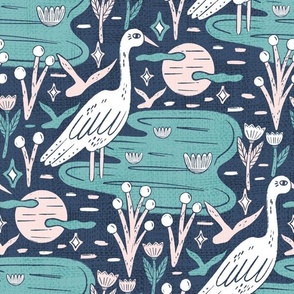 White Crane Block Print | LG Scale | Green, Blue, Shell Pink, White