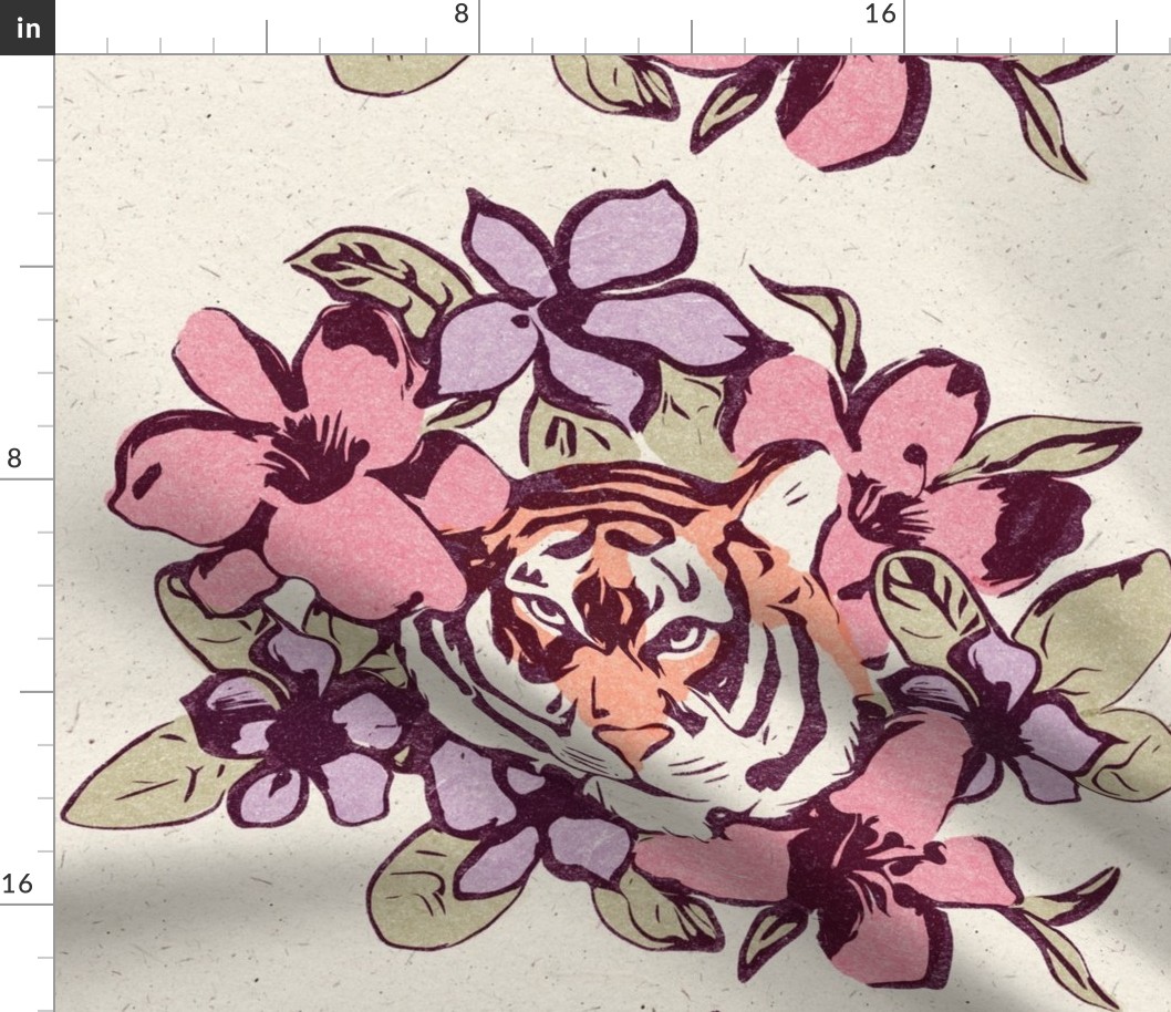 Woodblock Tiger Portrait with Flowers