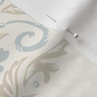Peaceful block printing inspired with dove, floral, and ornate motifs in French pale blue, cream, and taupe brown large