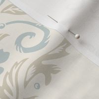 Peaceful  in pale blue, cream, and taupe brown block printing inspired with dove, floral, and ornate motifs large