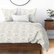 Peaceful  in pale blue, cream, and taupe brown block printing inspired with dove, floral, and ornate motifs large