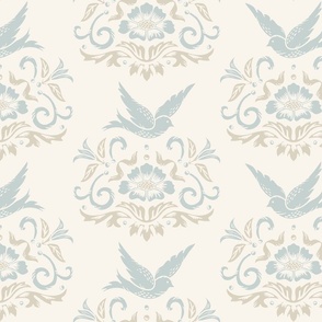 Peaceful block printing inspired with dove, floral, and ornate motifs in French pale blue, cream, and taupe brown large