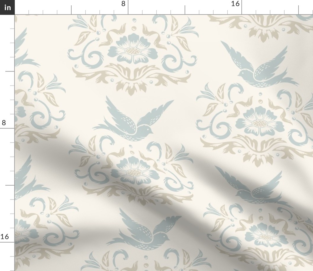 Peaceful  in pale blue, cream, and taupe brown block printing inspired with dove, floral, and ornate motifs large