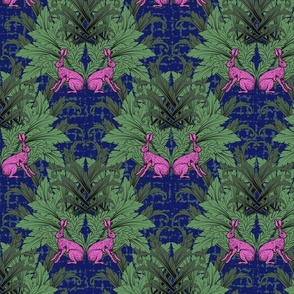 Quirky Blue Block Print Style Woodland Rabbit Pattern, High Contrast Unusual Pink Blue Green William Morris Arts and Crafts Style, Morris Green Acanthus leaves on Royal Blue 