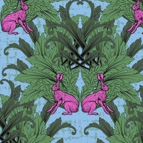 Bright Blue Green Pink Retro Rabbit Hare Illustration, Novelty Wood Block Style, Quirky Blue Modern Arts and Crafts Vibe, Green Acanthus Leaves, Magical Quirky Eccentric Pink Rabbits, Vintage Rabbits, Retro Hare Drawing, Forest Green, Sapphire Blue, Ceris