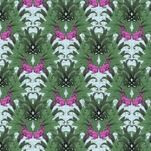 Unusual Bright Magenta Pink Rabbits, Trippy William Morris Inspired Acanthus Dark Green Leaf Design