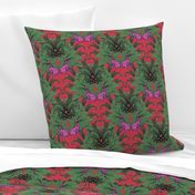 Magical Bright Pink Rabbits, Dark Green Arts and Crafts Acanthus Leaves, Victorian Inspired Quirky Gothic Art on Vibrant Crimson Red