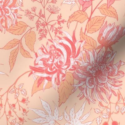 [Wallpaper] Late Autumn Garden with spider dahlias, rose hips, maple leaves, fern leaves, and celery flowers in Pantone 2024 Peach Fuzz