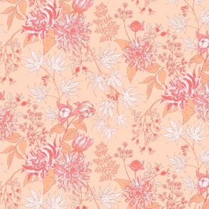 [Wallpaper] Late Autumn Garden with spider dahlias, rose hips, maple leaves, fern leaves, and celery flowers in Pantone 2024 Peach Fuzz