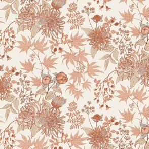 [Wallpaper] Late Autumn Garden with spider dahlias, rose hips, maple leaves, fern leaves, and celery flowers in  earthy tone color of cream, beige, terra cotta, brown, dusty blue