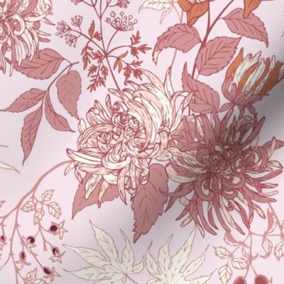 [Wallpaper] Late Autumn Garden with spider dahlias, rose hips, maple leaves, fern leaves, and celery flowers in  monochromatic earth tone purple and plum