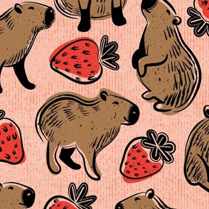 Large jumbo scale // Capyberries // flesh coral background cute happy capybaras animals neon red strawberries fruits summer block print lino cut look