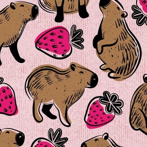 Large jumbo scale // Capyberries // cotton candy pink background cute happy capybaras animals fuchsia pink strawberries fruits summer block print lino cut look