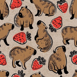 Normal scale // Capyberries // greige background cute happy capybaras animals neon red strawberries fruits summer block print lino cut look
