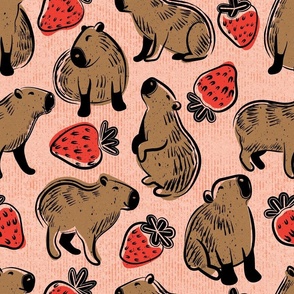 Normal scale // Capyberries // flesh coral background cute happy capybaras animals neon red strawberries fruits summer block print lino cut look