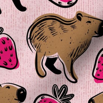 Capyberries // normal scale // cotton candy pink background cute happy capybaras animals fuchsia pink strawberries fruits summer block print lino cut look