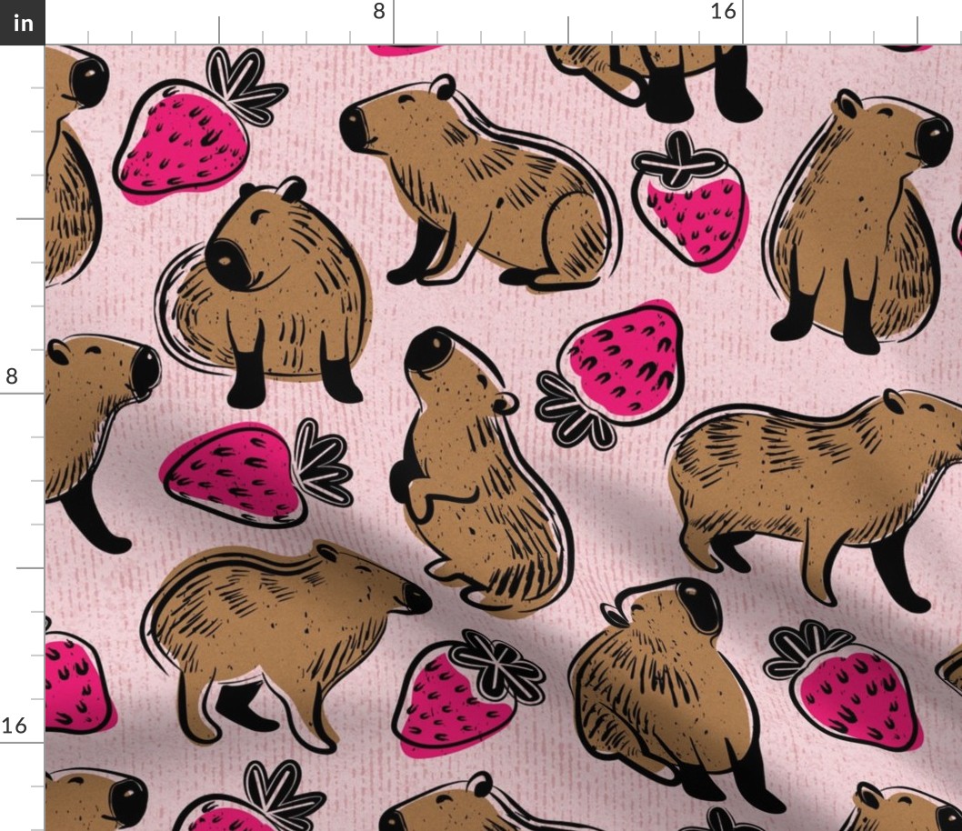 Capyberries // normal scale // cotton candy pink background cute happy capybaras animals fuchsia pink strawberries fruits summer block print lino cut look