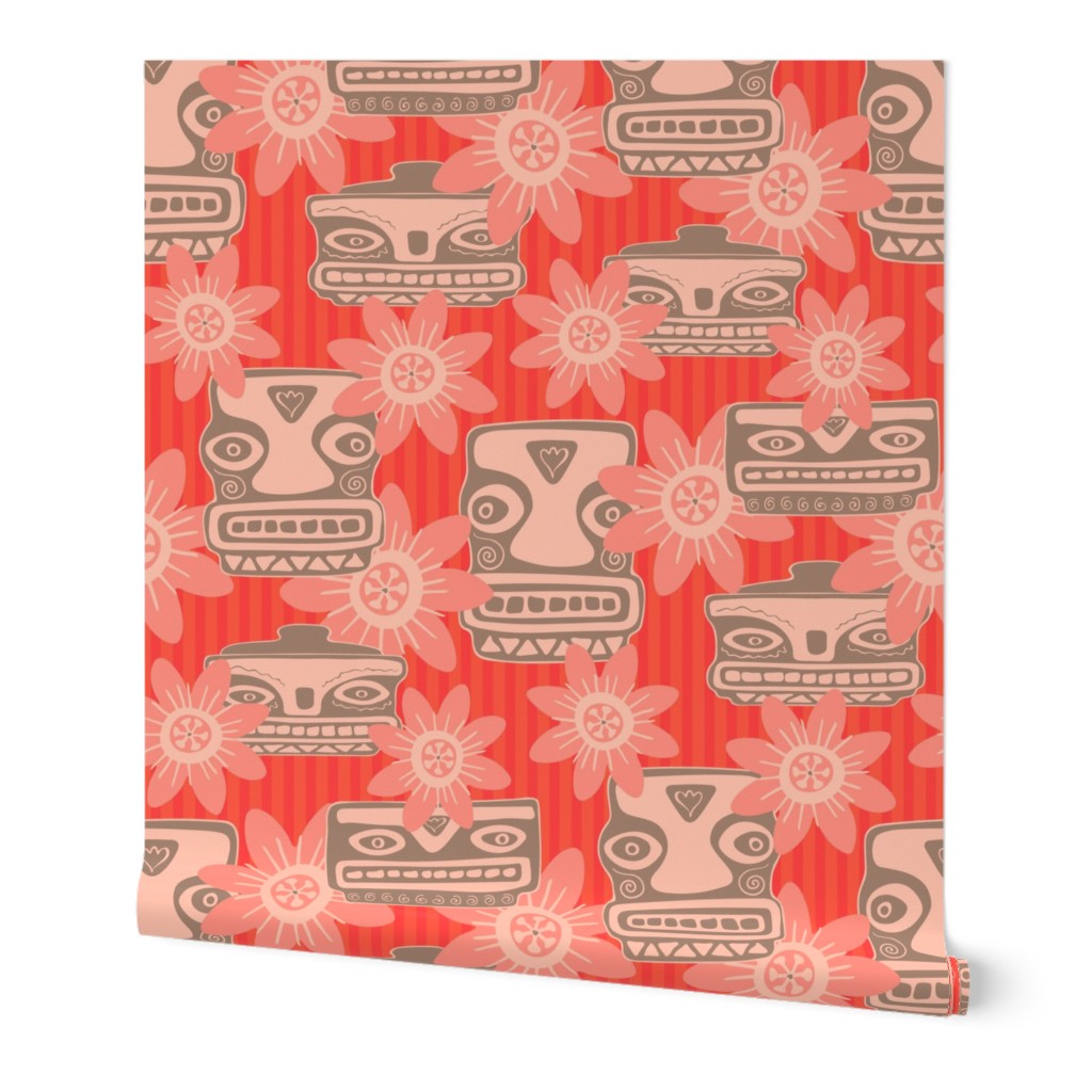 TIKI ROOM Retro Tropical Hawaiian Faces and Flowers - Coral Orange Beige Blush - LARGE Scale - UnBlink Studio by Jackie Tahara