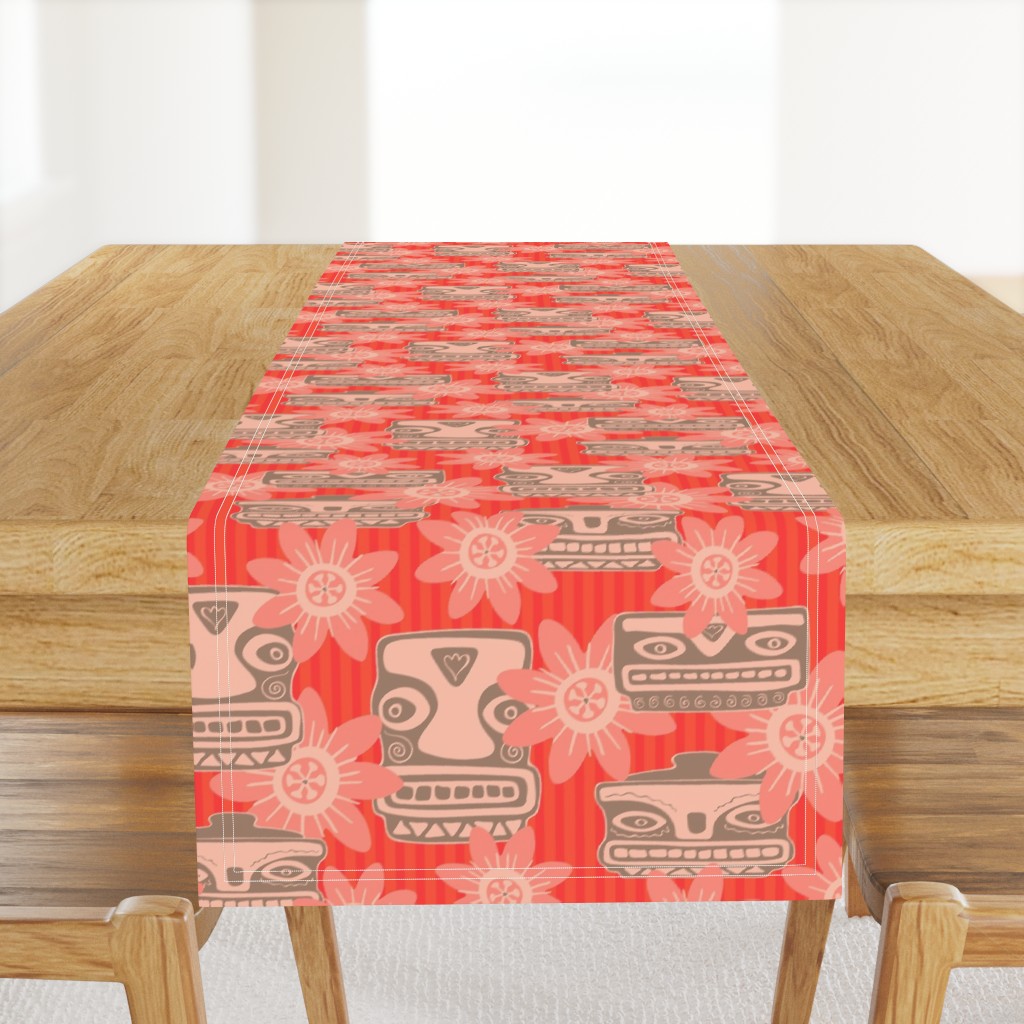 TIKI ROOM Retro Tropical Hawaiian Faces and Flowers - Coral Orange Beige Blush - LARGE Scale - UnBlink Studio by Jackie Tahara