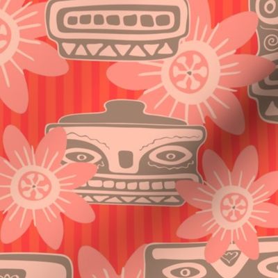 TIKI ROOM Retro Tropical Hawaiian Faces and Flowers - Coral Orange Beige Blush - LARGE Scale - UnBlink Studio by Jackie Tahara