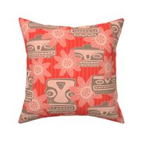 TIKI ROOM Retro Tropical Hawaiian Faces and Flowers - Coral Orange Beige Blush - LARGE Scale - UnBlink Studio by Jackie Tahara