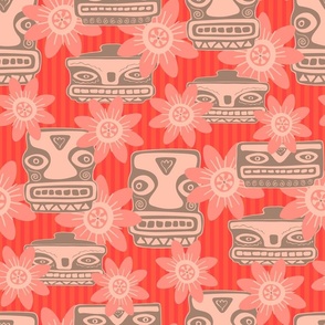 TIKI ROOM Retro Tropical Hawaiian Faces and Flowers - Coral Orange Beige Blush - LARGE Scale - UnBlink Studio by Jackie Tahara