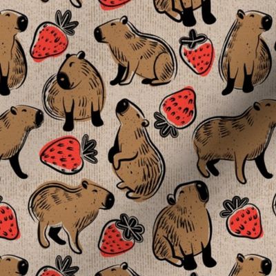 Small scale // Capyberries // greige background cute happy capybaras animals neon red strawberries fruits summer block print lino cut look