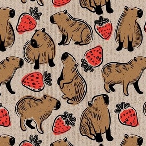 Small scale // Capyberries // greige background cute happy capybaras animals neon red strawberries fruits summer block print lino cut look