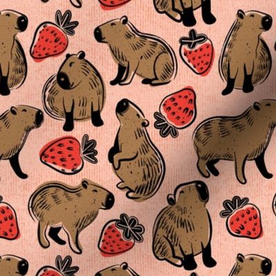 Small scale // Capyberries // flesh coral background cute happy capybaras animals neon red strawberries fruits summer block print lino cut look