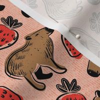 Small scale // Capyberries // flesh coral background cute happy capybaras animals neon red strawberries fruits summer block print lino cut look