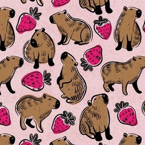 Small scale // Capyberries // cotton candy pink background cute happy capybaras animals fuchsia pink strawberries fruits summer block print lino cut look