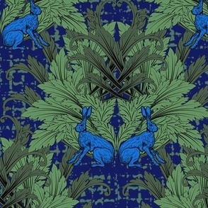 Dark Magic Mythical Creatures, Quirky Electric Blue Rabbits on Dark Forest Green Woodland Wallpaper, Quirky Victorian Gothic Wallpaper