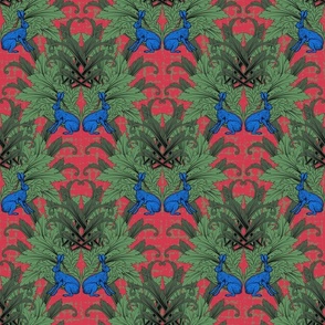 Eclectic Floral Magical Forest, Vibrant Electic Blue Animal Wildlife Print, Quirky William Morris Inspired Festive Crimsom Red Dark Green Colors