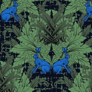 Vibrant Maximalist Blue Arts and Crafts Wallpaper, Electric Blue Rabbit Hares Decor, Sitting Rabbit Hares on Dark Green Acanthus Leaves, Navy Blue Eclectic Floral Textured Background