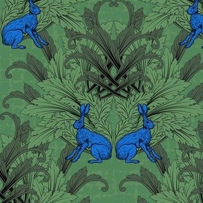 Kitsch Electric Blue Rabbit Wallpaper, Bizarre Victorian Gothic Dark Green Animal Pattern, Modern Victorian Green Arts and Crafts Style